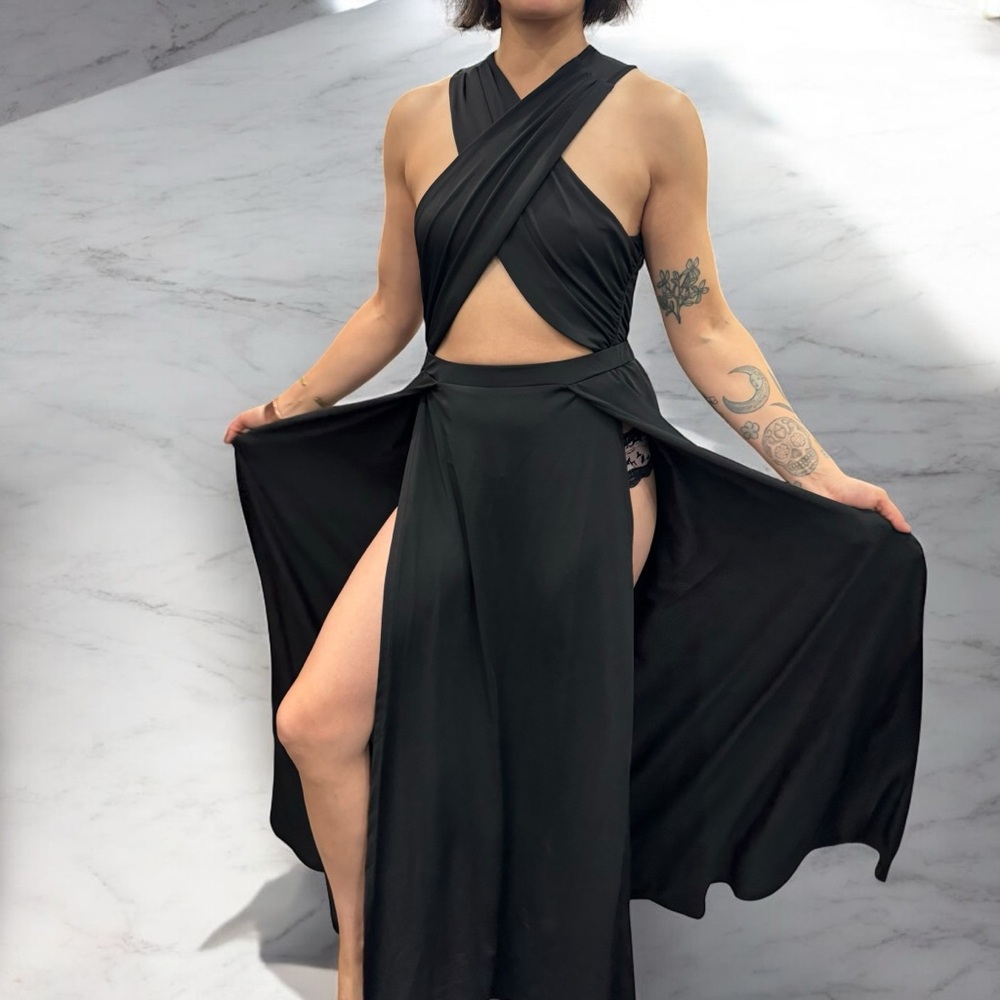 Elegant Black Wrap Slip Dress Side Slits cutout dress Size Medium - Picture 2 of 8